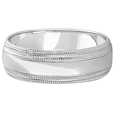 Mens Shiny Double Milgrain Wedding Ring Wide Band 18k White Gold (7mm)