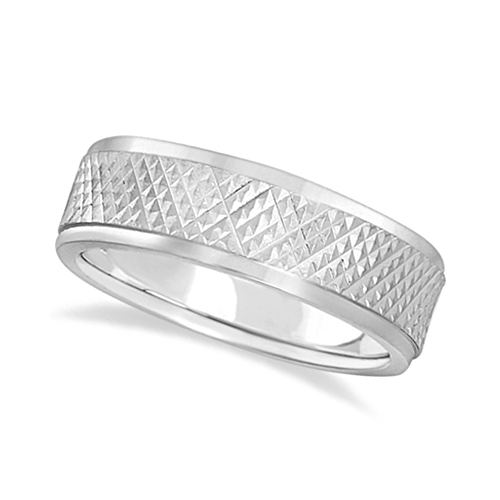 Men's Diamond Cut Inlay Carved Wedding Ring Band 14k White Gold (7mm)