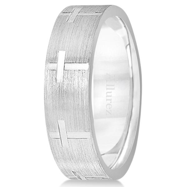 Carved Wedding Band With Crosses in 18k White Gold (7mm)