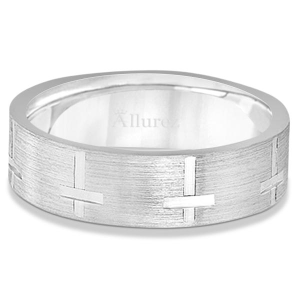 Carved Wedding Band With Crosses in Platinum (7mm)