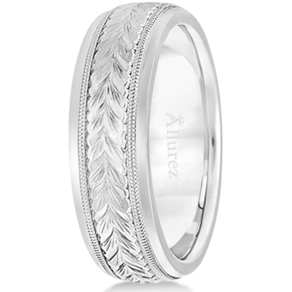 Hand Engraved Wedding Band Carved Ring in 18k White Gold (4.5mm)