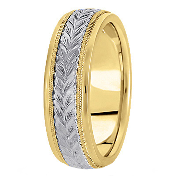 Hand Engraved Two Tone Wedding Band Carved Ring in 18k Gold (4.5mm)