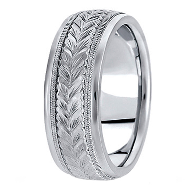 Hand Engraved Wedding Band Carved Ring in 18k White Gold (6.5mm)