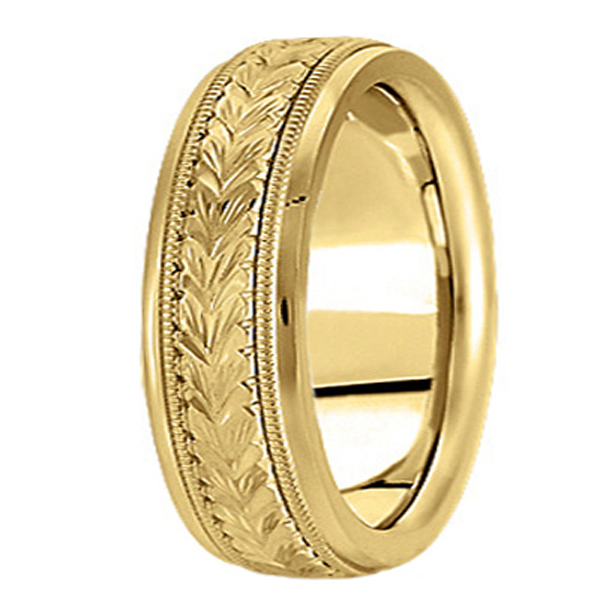 Hand Engraved Wedding Band Carved Ring in 18k Yellow Gold (6.5mm)