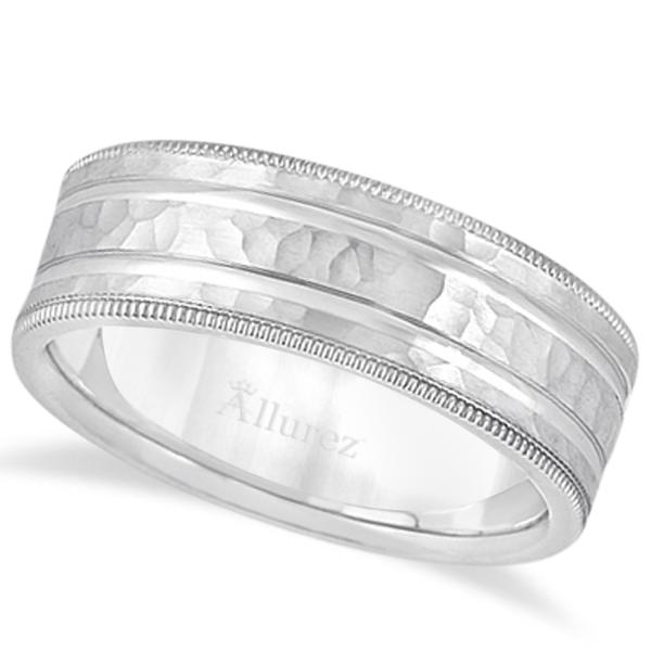 Men's Groove Wedding Band Shiny Hammer Finish 14k White Gold (7.5mm)