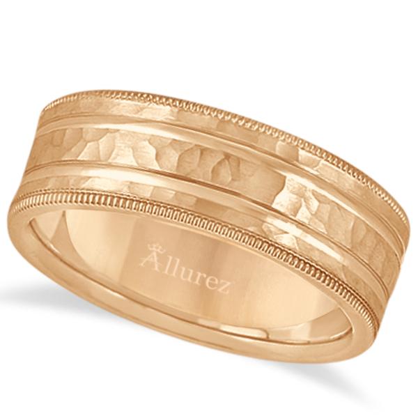 Men's Groove Wedding Band Shiny Hammer Finish 18k Rose Gold (7.5mm)