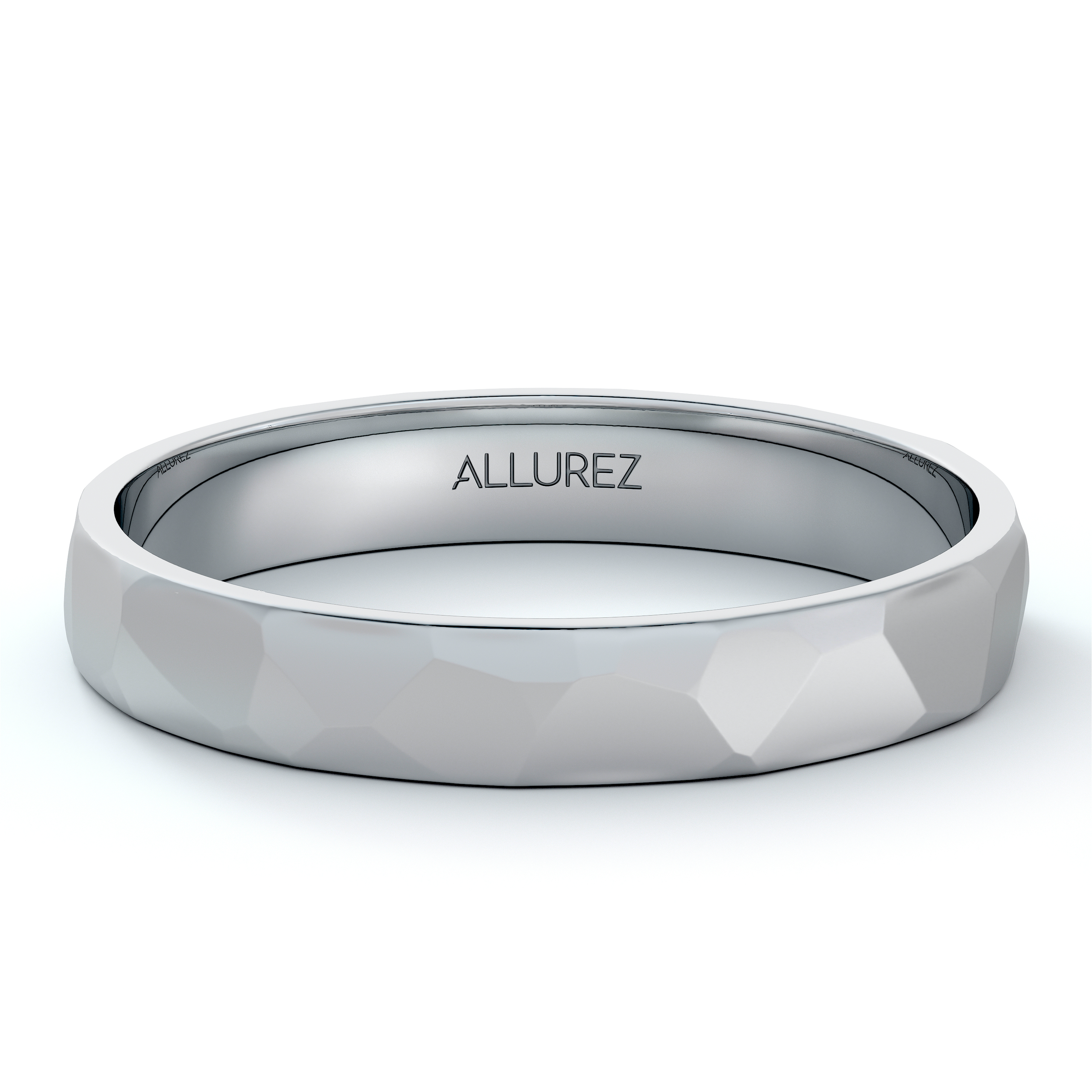 Carved Hammered Finish Wedding Ring Band 14k White Gold (3mm)