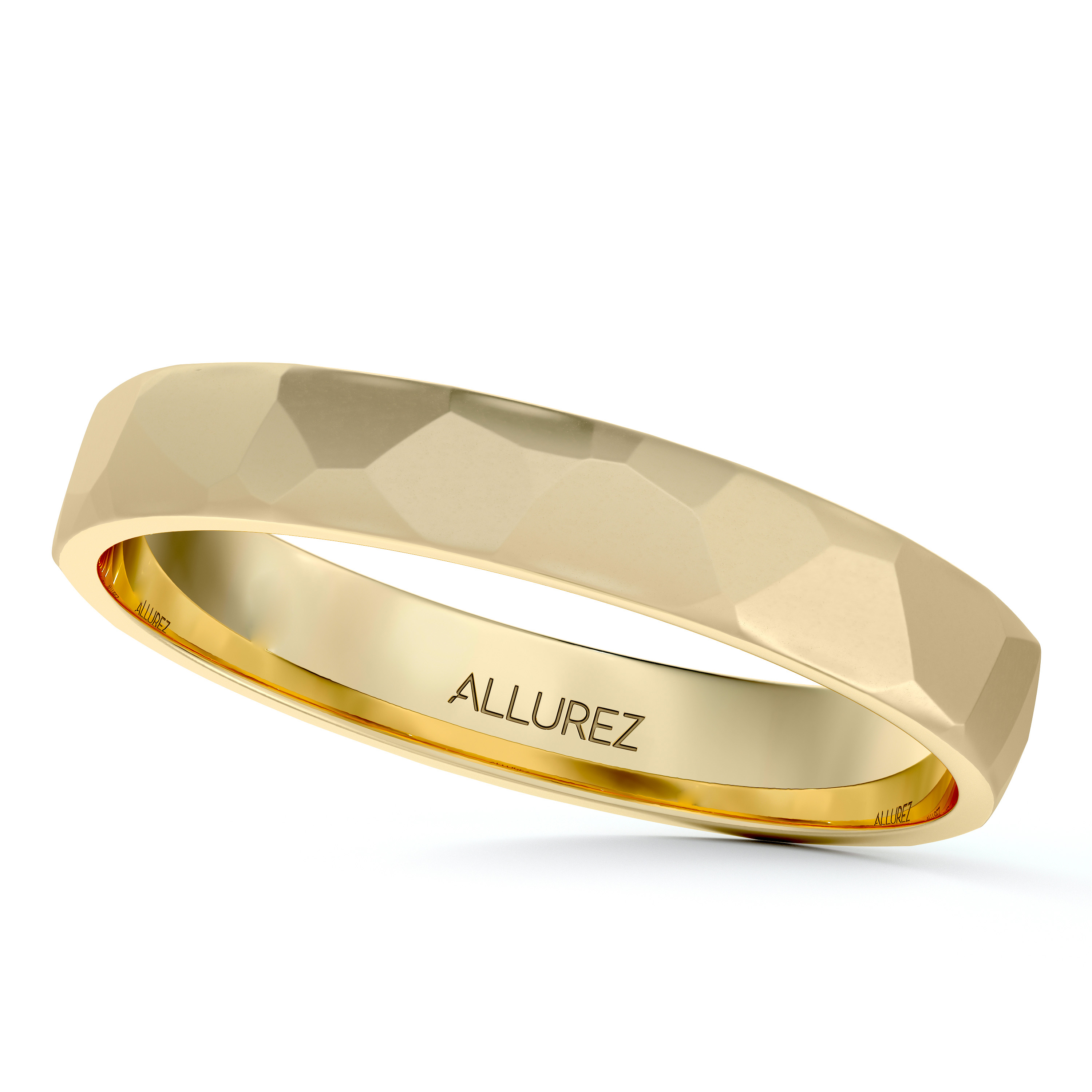 Carved Hammered Finish Wedding Ring Band 18k Yellow Gold (3mm)