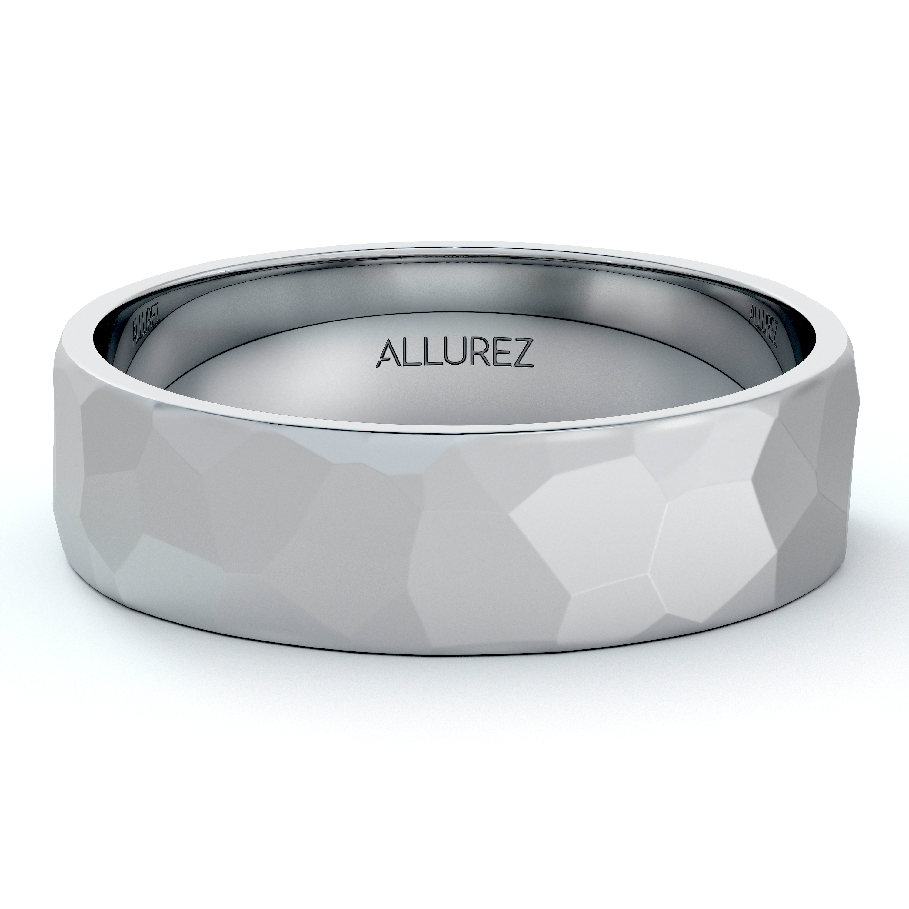 Men's Hammered Finished Carved Band Wedding Ring 14k White Gold (5mm)