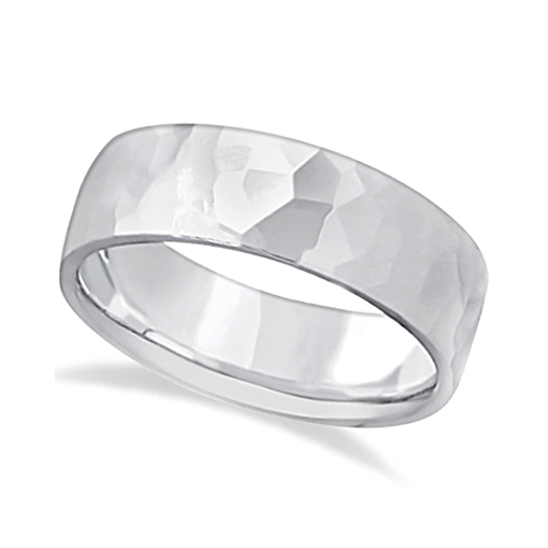 Men's Hammered Finished Wedding Ring Carved Band 14k White Gold 6mm