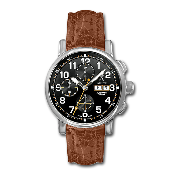 Allurez Mens Swiss-made Auto-Mechanical Brown Crocodile Skin Timepiece