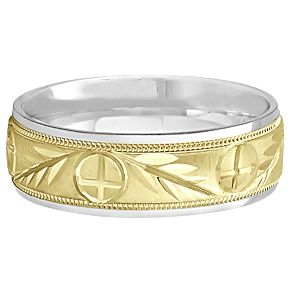Men's Christian Leaf and Cross Wedding Band 18k Two Tone Gold 7mm UB1176