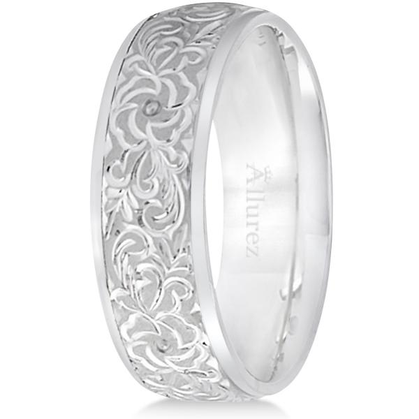 Hand-Engraved Flower Wedding Ring Wide Band 14k White Gold (7mm)