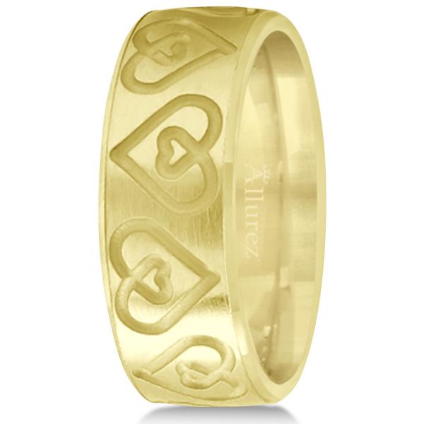 Ultra-Fancy Embossed Twin Heart Wedding Band in 14k Yellow Gold