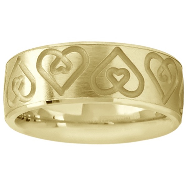 Ultra-Fancy Embossed Twin Heart Wedding Band in 14k Yellow Gold