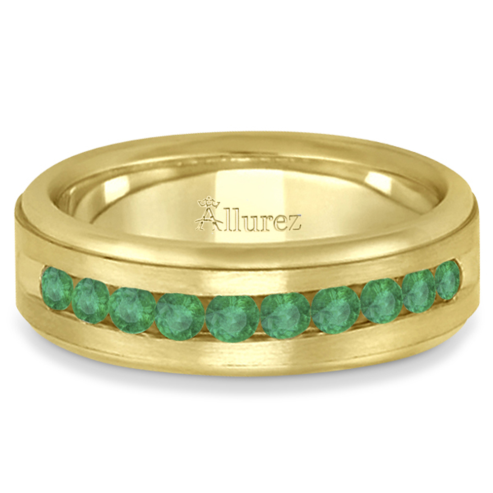 Men's Channel Set Emerald Ring Wedding Band 18k Yellow Gold (0.25ct)