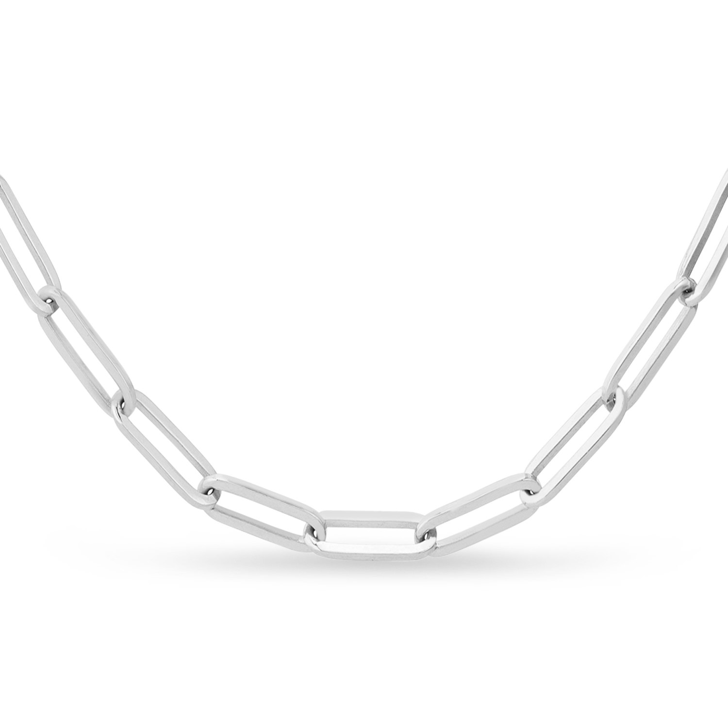 Flat Wire Long Link Paperclip Chain Necklace 14k White Gold