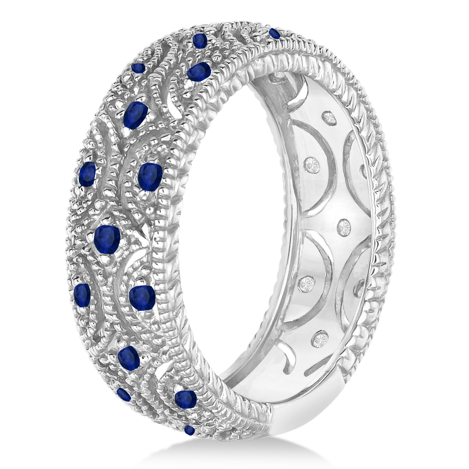 Blue Sapphire Milgrain Vintage Eternity Band 14k White Gold (0.38ct)