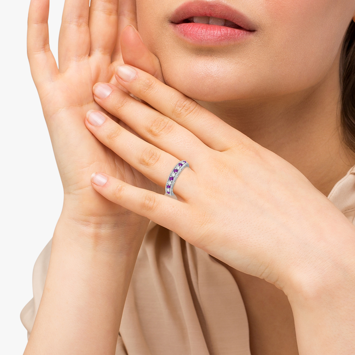 Amethyst & Diamond Ring Anniversary Band 14k White Gold (0.30ct)