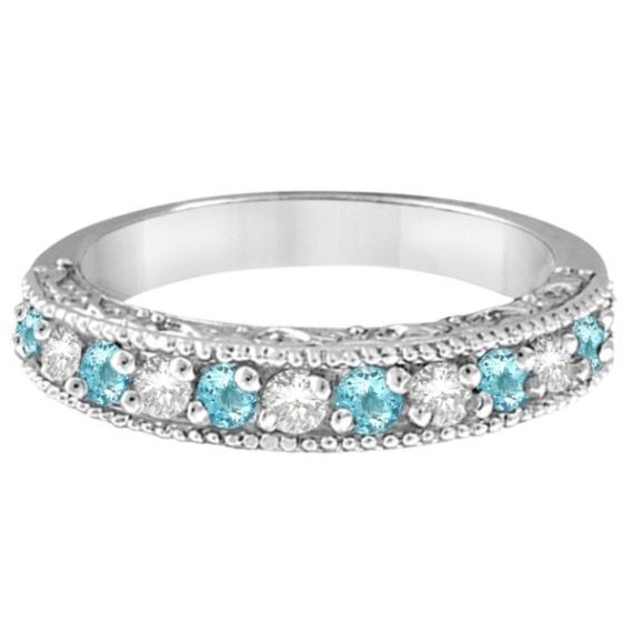 Aquamarine & Diamond Ring Anniversary Band 14k White Gold (0.30ct)