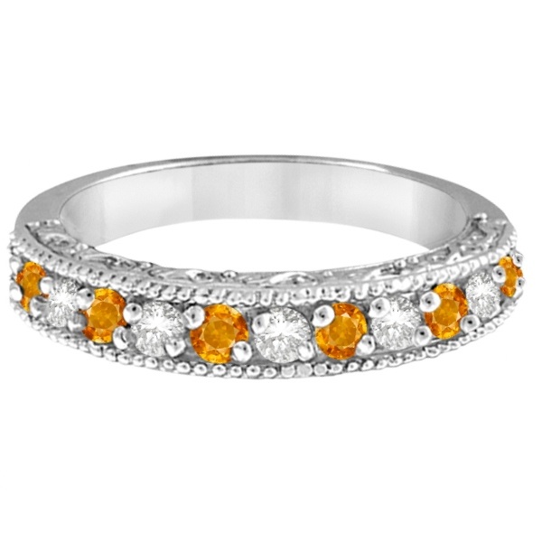 Citrine & Diamond Ring Anniversary Band 14k White Gold (0.30ct)