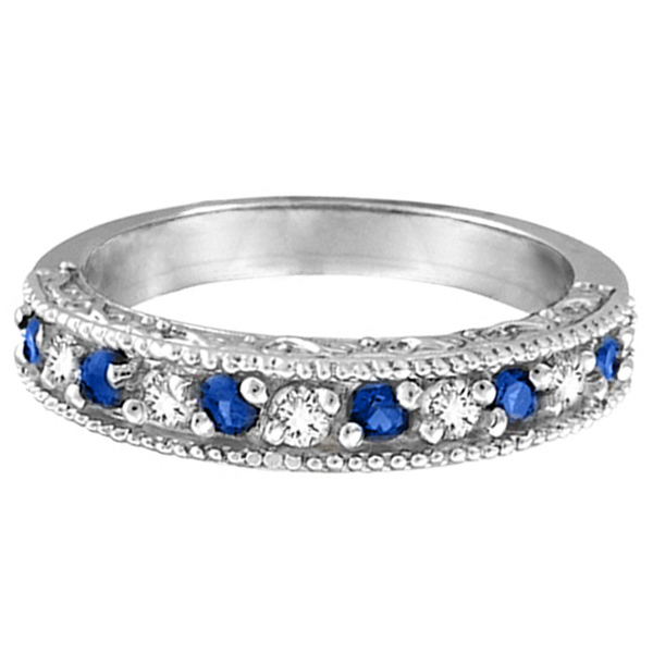 Blue Sapphire & Diamond Ring Anniversary Band 14k White Gold (0.30ct)