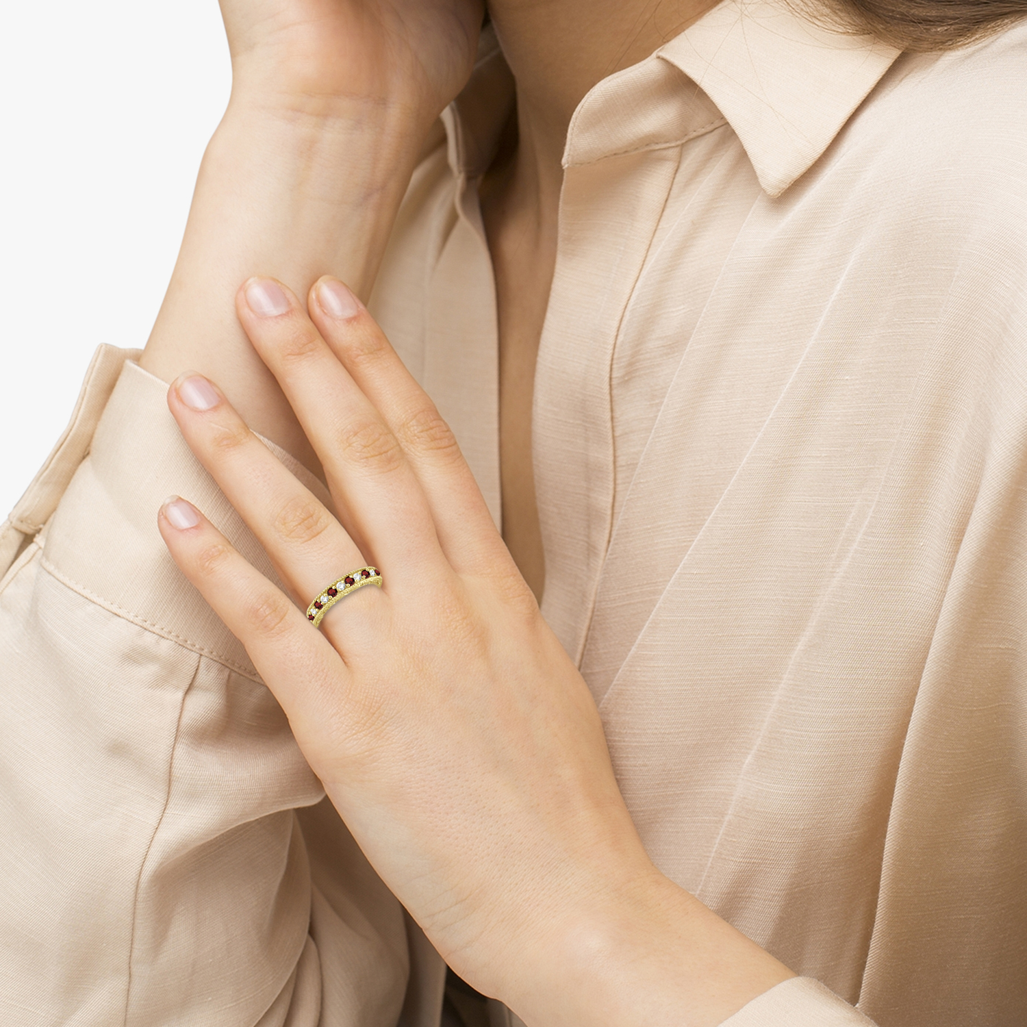 Garnet & Diamond Ring Anniversary Band 14k Yellow Gold (0.30ct)