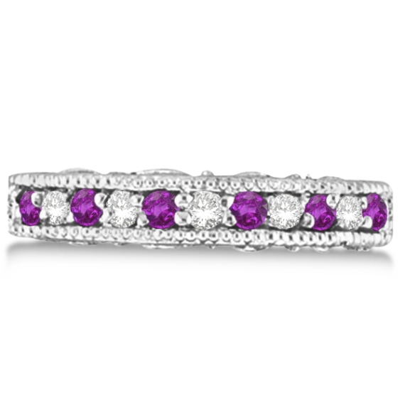 Diamond & Amethyst Band Filigree Design Ring 14k White Gold (0.60ct)
