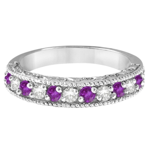 Diamond & Amethyst Band Filigree Design Ring 14k White Gold (0.60ct)