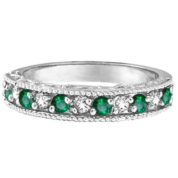Designer Diamond and Emerald Ring Band in 14k White Gold (0.59 ct)
