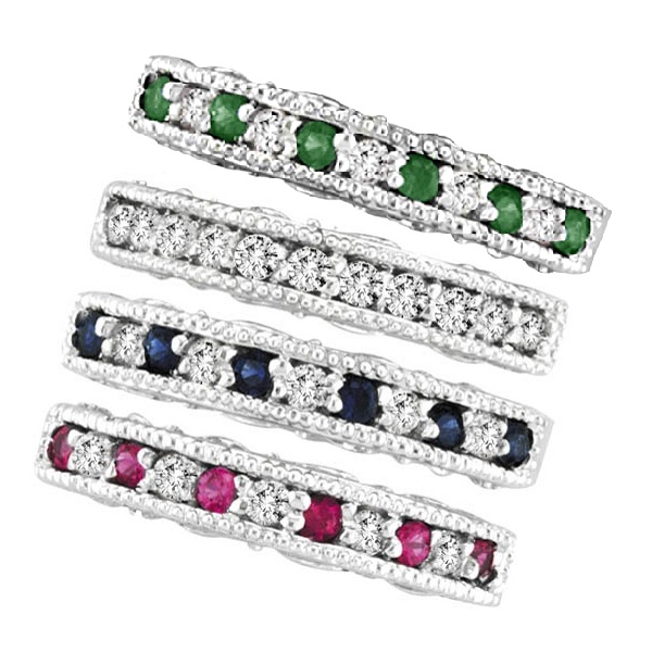 Designer Diamond and Emerald Ring Band in 14k White Gold (0.59 ct)