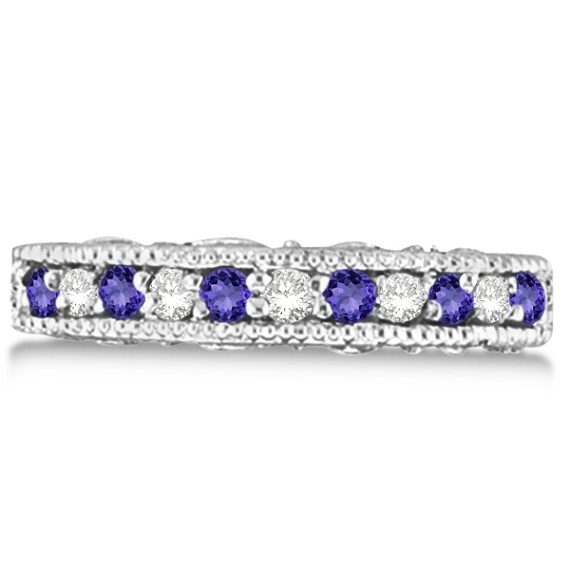 Diamond & Tanzanite Band Filigree Design Ring 14k White Gold (0.60ct)