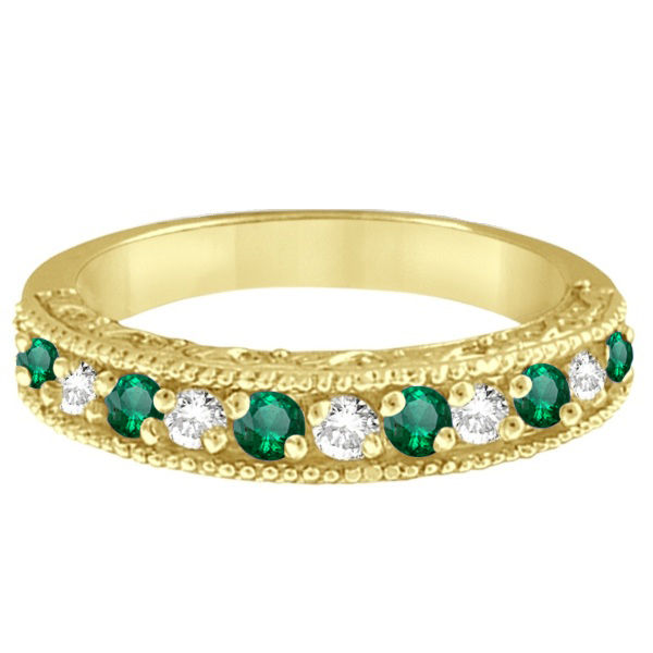 Designer Diamond and Emerald Ring Band in 14k Yellow Gold (0.59 ctw)