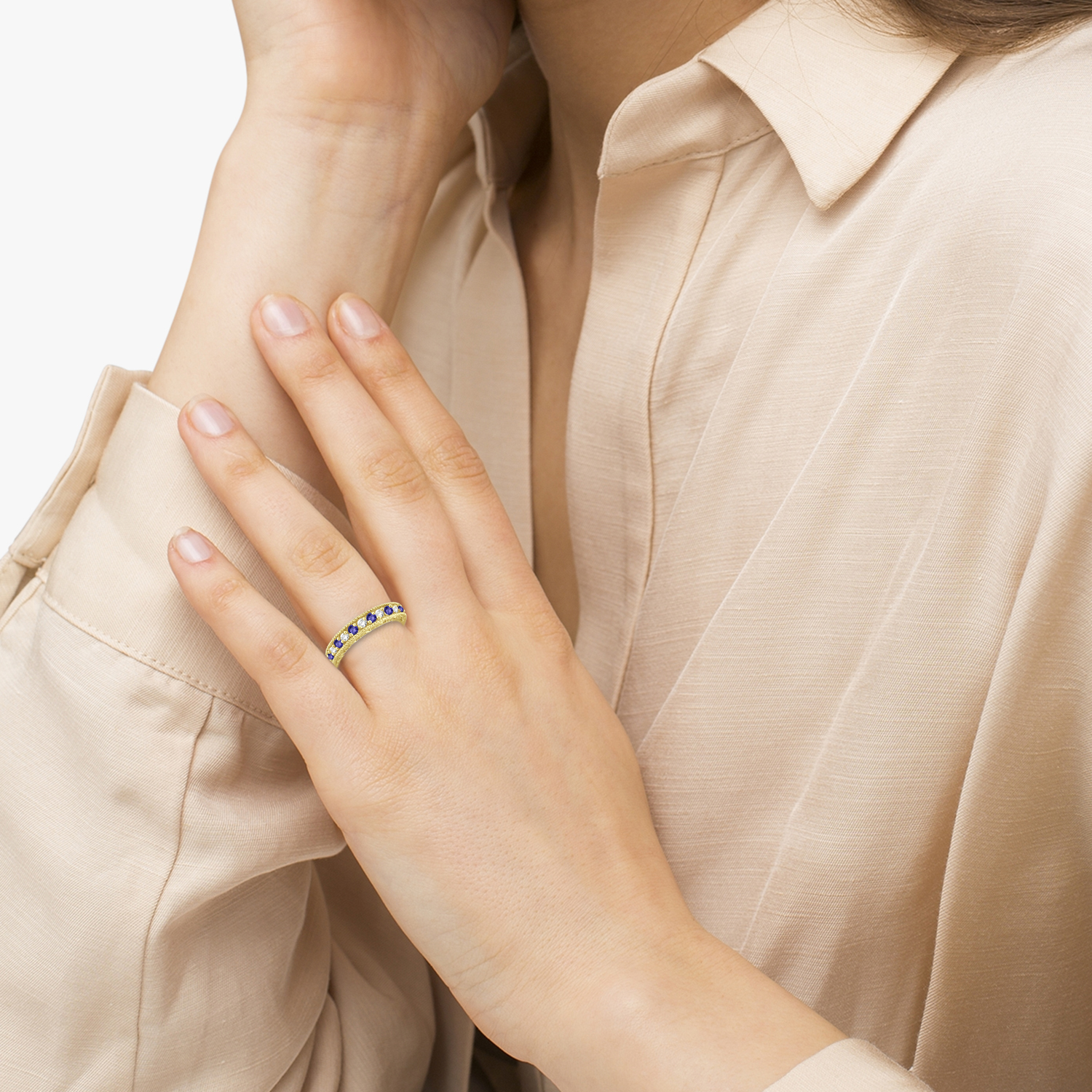 Diamond & Tanzanite Band Filigree Design Ring 14k Yellow Gold (0.60ct)