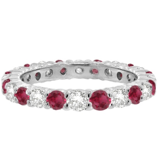 Red Garnet & Diamond Eternity Ring Band 14k White Gold (1.07ct)
