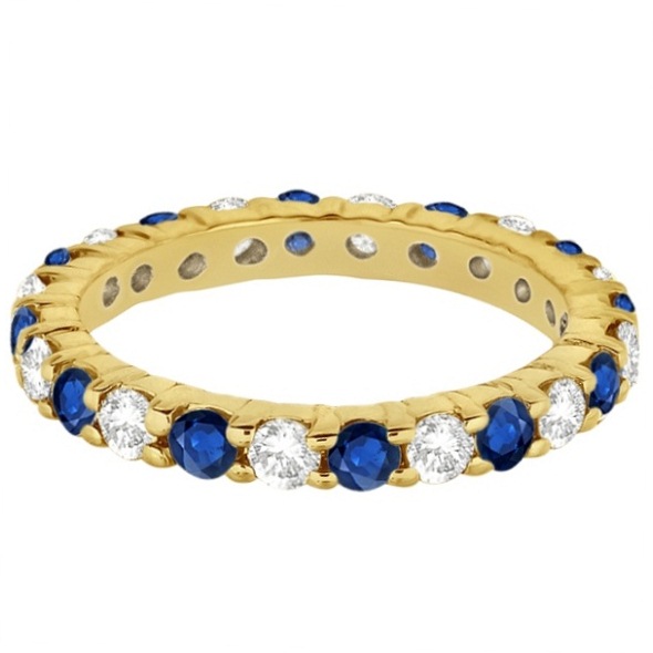Eternity Diamond & Blue Sapphire Ring Band 14k Yellow Gold (2.35ct)