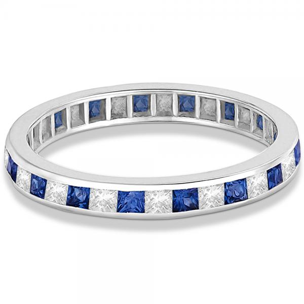 Princess-Cut Lab Grown Sapphire & Diamond Eternity Ring 14k White Gold (1.26ct)