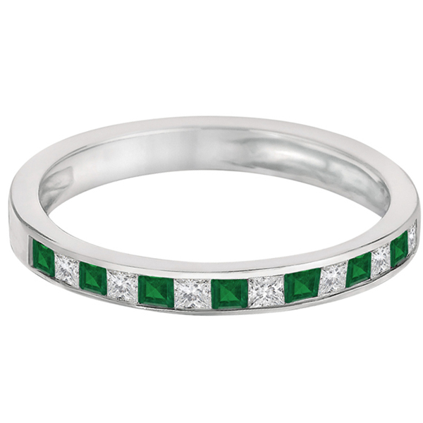 Channel Set Diamond & Emerald Ring Band 14k White Gold 0.60ct IR588