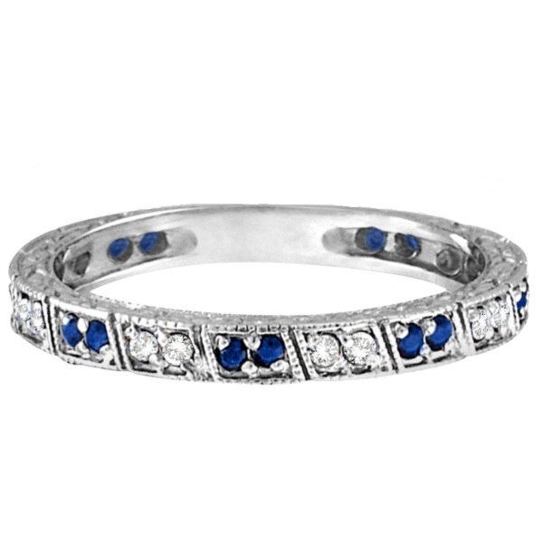 Blue Sapphire & Diamond Filigree Ring Anniversary Band 14k White Gold