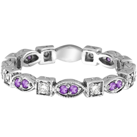 Amethyst & Diamond Eternity Anniversary Ring Band 14k White Gold