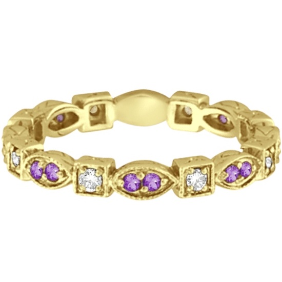 Amethyst & Diamond Eternity Anniversary Ring Band 14k Yellow Gold