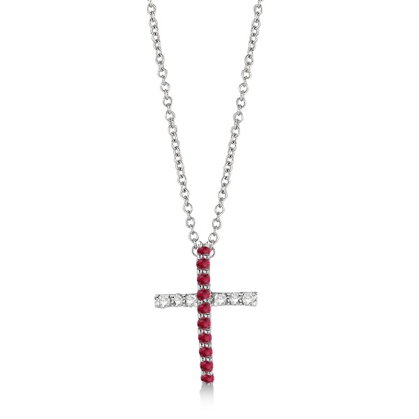 Ruby & Diamond Cross Pendant Necklace 14k White Gold (0.25ct)