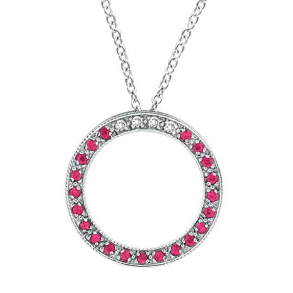 Diamond & Pink Sapphire Circle Pendant Necklace 14K White Gold