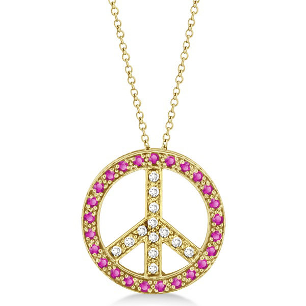 Diamond & Pink Sapphire Peace Pendant Necklace 14k Yellow Gold 0.92ct