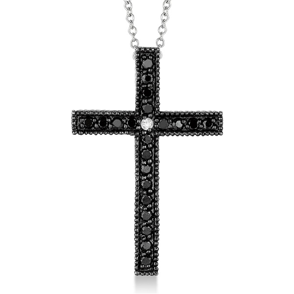 Black & White Diamond Cross Pendant Necklace 14k White Gold (0.33ct)