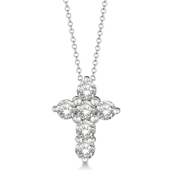 Prong Set Round Diamond Cross Pendant Necklace 14k White Gold (1.50ct)