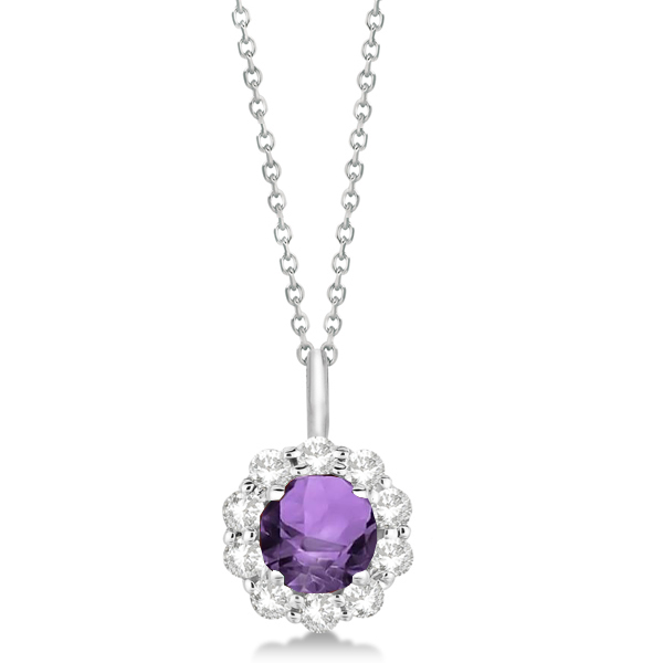 Halo Diamond and Amethyst Lady Di Pendant Necklace 14K White Gold (1.69ct)