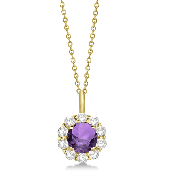 Halo Diamond and Amethyst Lady Di Pendant Necklace 14K Yellow Gold (1.69ct)