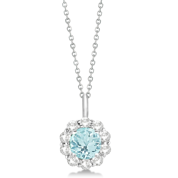 Halo Diamond and Aquamarine Lady Di Pendant Necklace 14K White Gold (1.69ct)