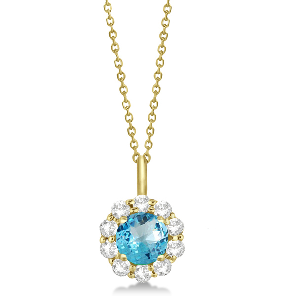 Halo Diamond and Blue Topaz Lady Di Pendant Necklace 14K Yellow Gold (1.69ct)
